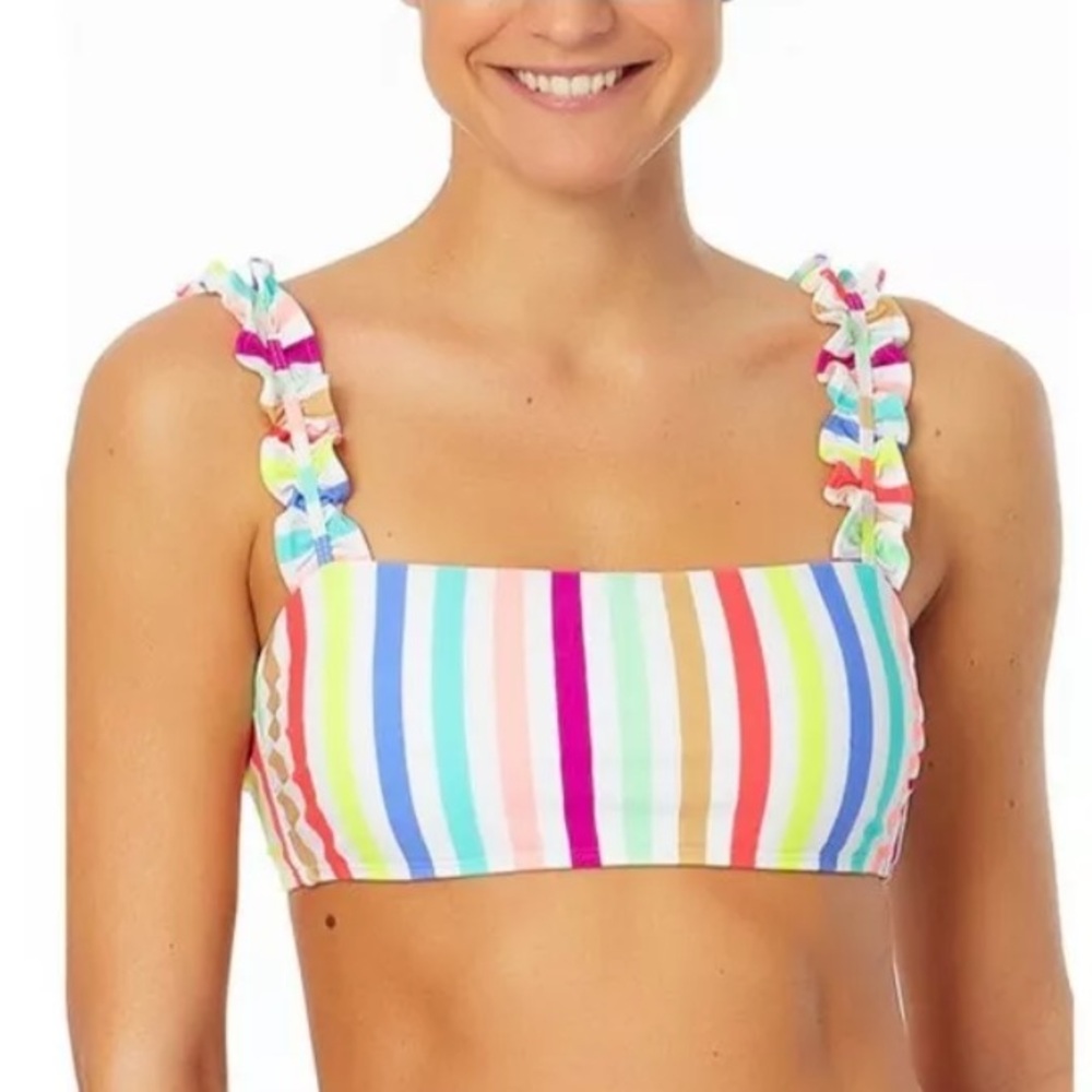 NEW Womens Rainbow Striped Ruffle Strap Bandeau Bikini Top  Size XL 15-17 Padded